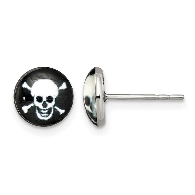Pair of stud earrings with round silver-colored posts featuring black enamel faces decorated with white skull and crossbones designs, shown from front and side views.