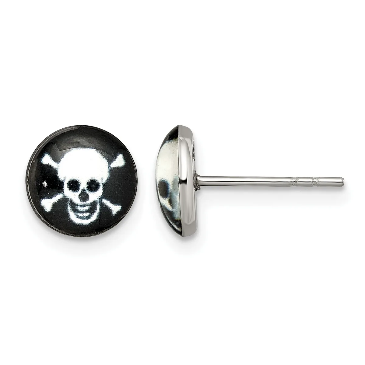 Pair of stud earrings with round silver-colored posts featuring black enamel faces decorated with white skull and crossbones designs, shown from front and side views.