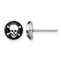 Pair of stud earrings with round silver-colored posts featuring black enamel faces decorated with white skull and crossbones designs, shown from front and side views.