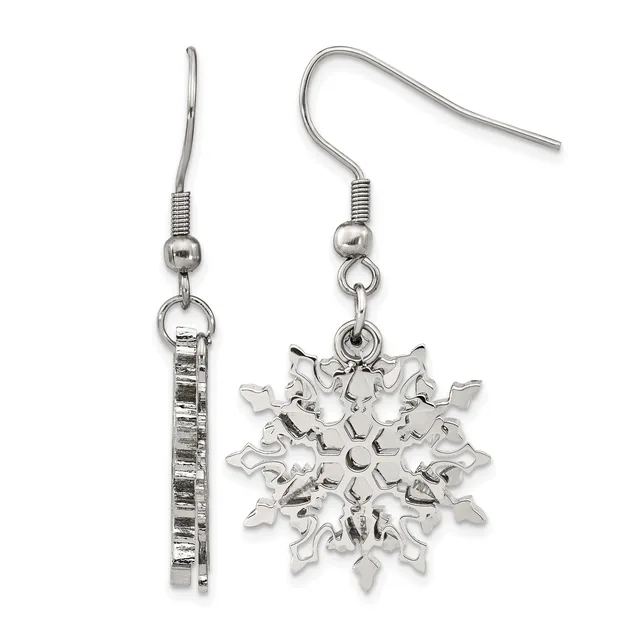 A pair of silver-toned dangle earrings with hook-style ear wires, one featuring a textured rectangular bar and the other a detailed snowflake charm.