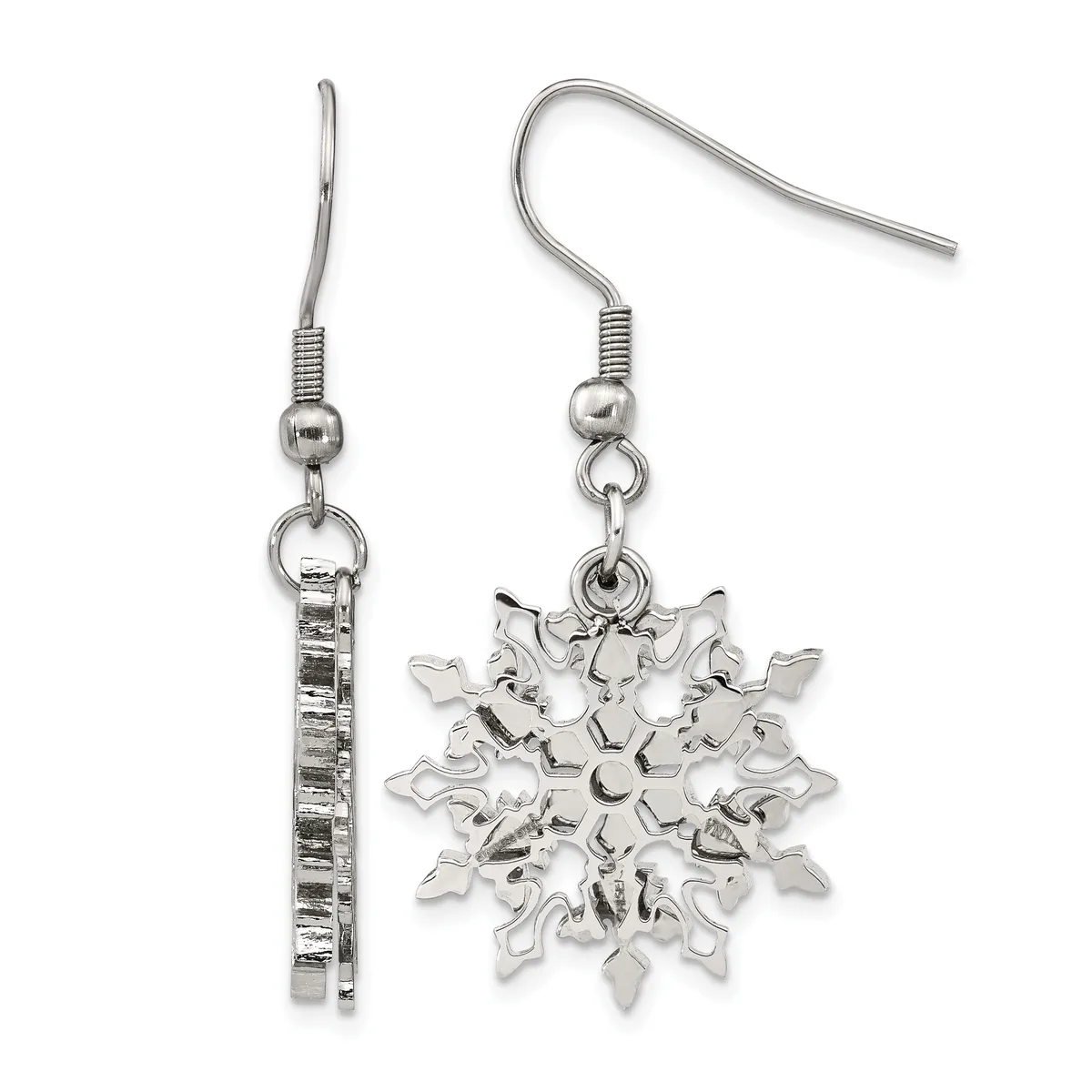A pair of silver-toned dangle earrings with hook-style ear wires, one featuring a textured rectangular bar and the other a detailed snowflake charm.