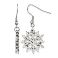 A pair of silver-toned dangle earrings with hook-style ear wires, one featuring a textured rectangular bar and the other a detailed snowflake charm.