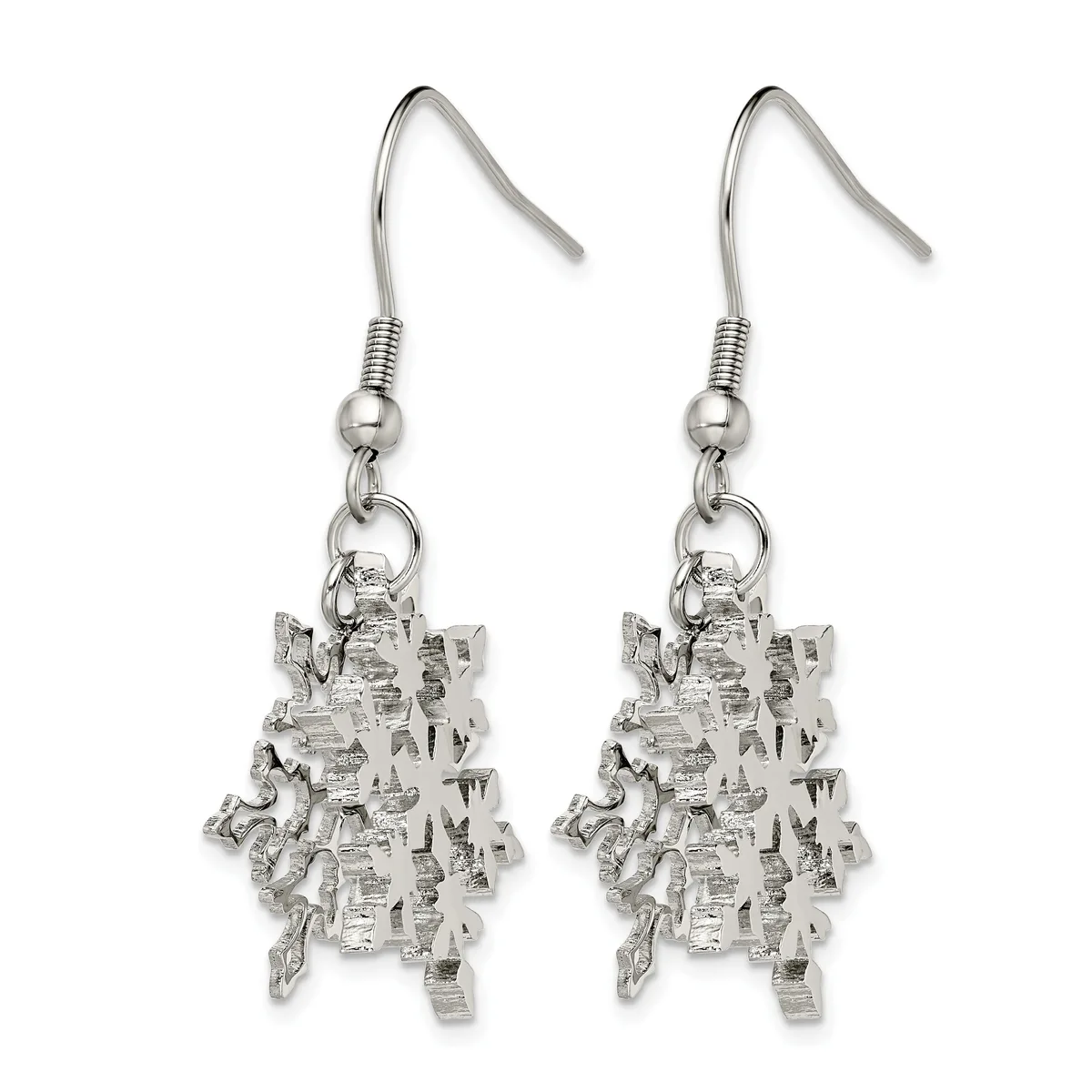 Pair of silver-toned earrings with hook fasteners, each featuring a textured, clustered cubic pendant with an irregular, three-dimensional surface.