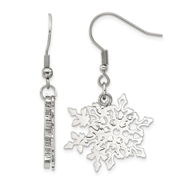A pair of silver-toned earrings with fish hook wires, one featuring a rectangular textured bar pendant and the other a decorative snowflake-shaped pendant.
