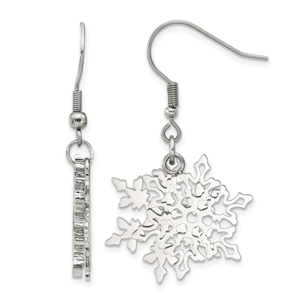 A pair of silver-toned earrings with fish hook wires, one featuring a rectangular textured bar pendant and the other a decorative snowflake-shaped pendant.