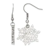 A pair of silver-toned earrings with fish hook wires, one featuring a rectangular textured bar pendant and the other a decorative snowflake-shaped pendant.