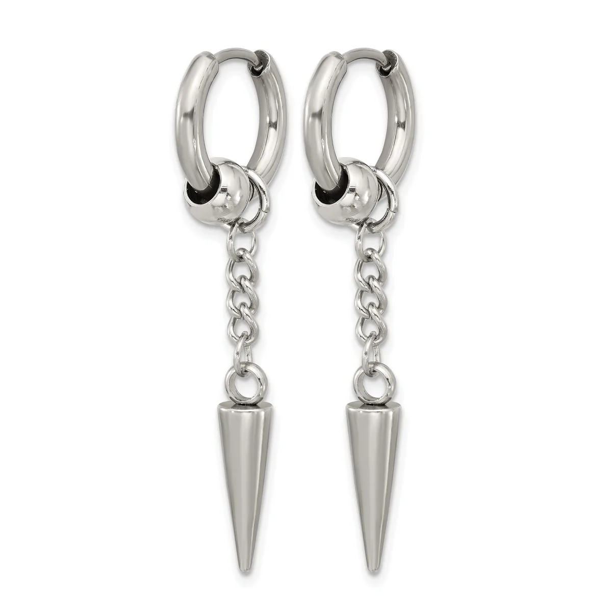 A pair of silver-toned hoop earrings with dangling chain and spike pendants.