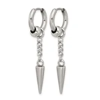 A pair of silver-toned hoop earrings with dangling chain and spike pendants.