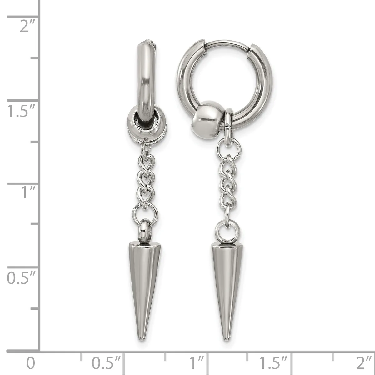 Pair of silver-toned huggie hoop earrings with dangling spike charms, shown against a ruler measuring approximately 2 inches in length.