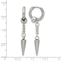 Pair of silver-toned huggie hoop earrings with dangling spike charms, shown against a ruler measuring approximately 2 inches in length.