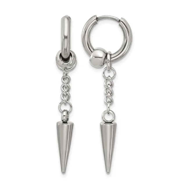 A pair of stainless steel huggie hoop earrings with dangling spike charms attached by chain links.