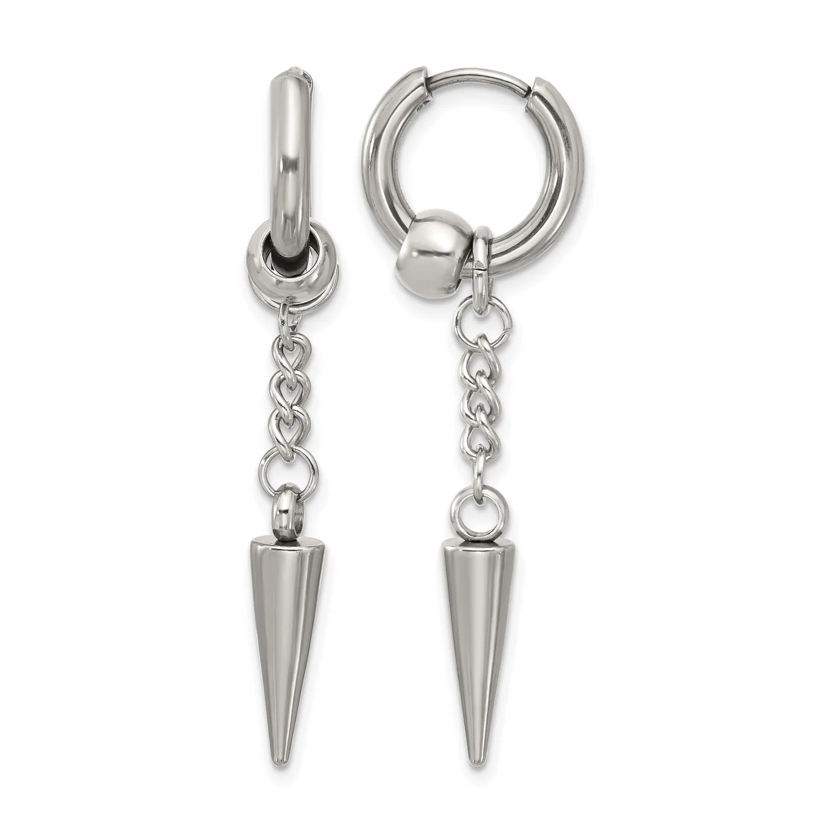 A pair of stainless steel huggie hoop earrings with dangling spike charms attached by chain links.