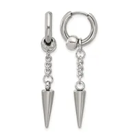 A pair of stainless steel huggie hoop earrings with dangling spike charms attached by chain links.
