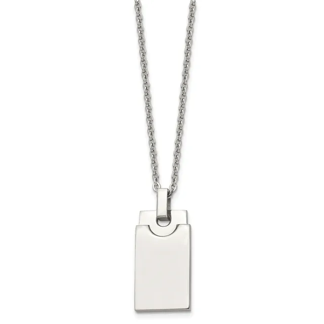 Silver-toned rectangular pendant with rounded top edge hanging from a delicate chain necklace against a white background.
