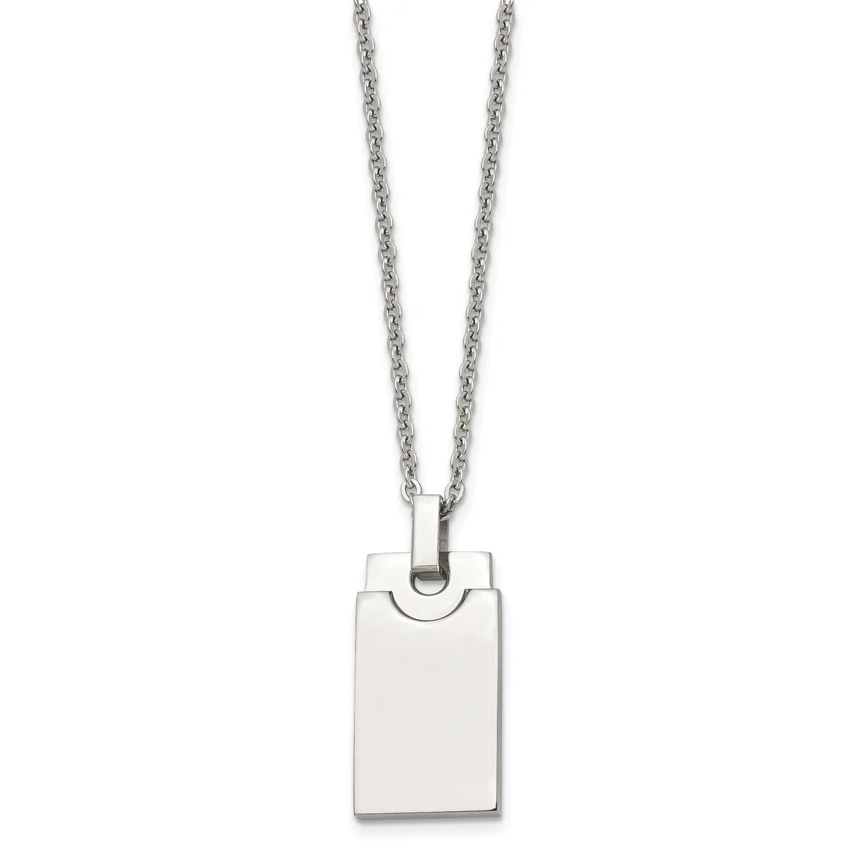 Silver-toned rectangular pendant with rounded top edge hanging from a delicate chain necklace against a white background.