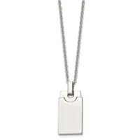 Silver-toned rectangular pendant with rounded top edge hanging from a delicate chain necklace against a white background.