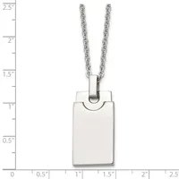A rectangular stainless steel pendant with rounded corners hangs from a chain, displayed against a ruler showing it measures approximately one inch wide and one and a half inches tall.
