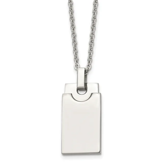 Silver-toned rectangular pendant with a curved notch at the top, suspended from a chain necklace.