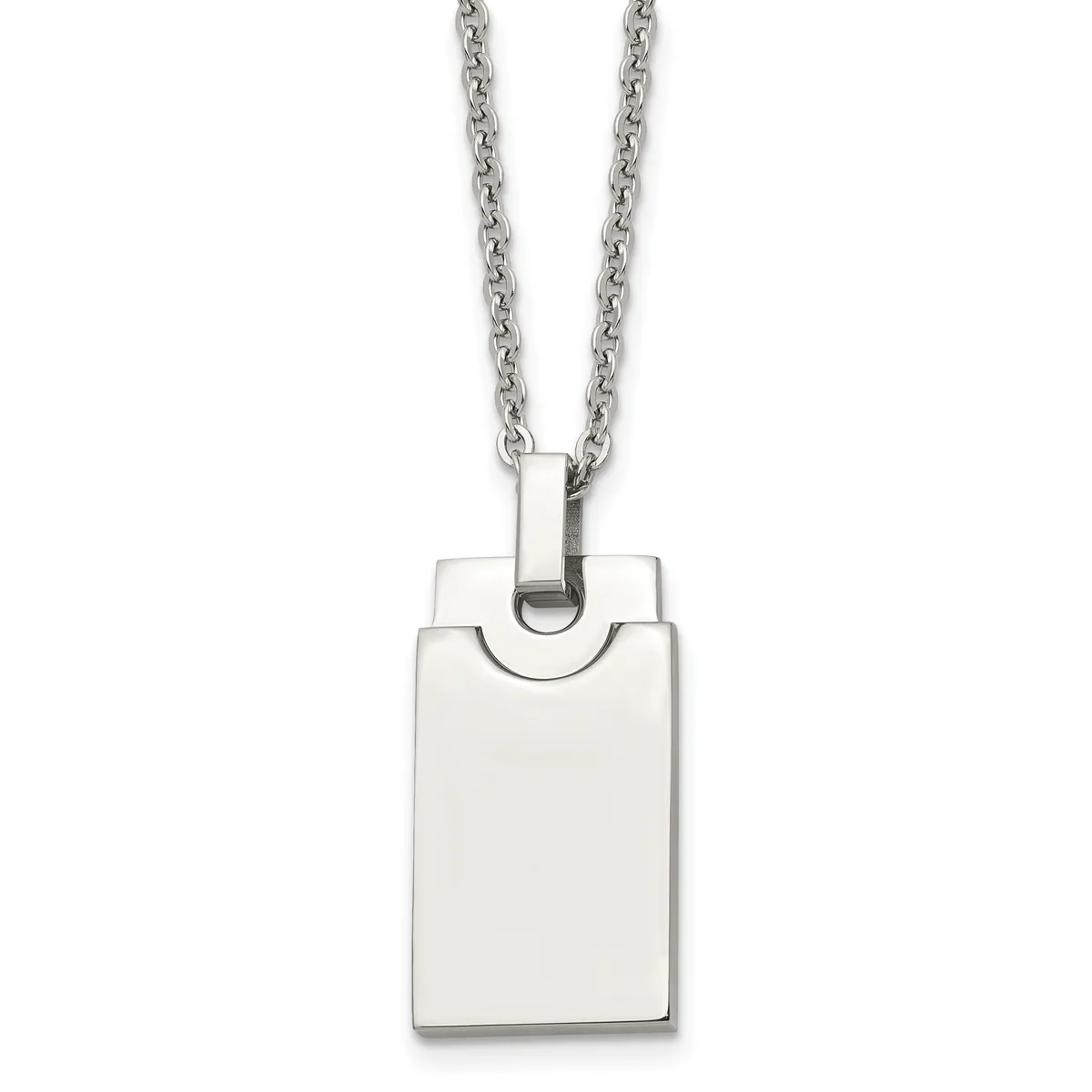 Silver-toned rectangular pendant with a curved notch at the top, suspended from a chain necklace.
