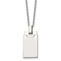 Silver-toned rectangular pendant with a curved notch at the top, suspended from a chain necklace.