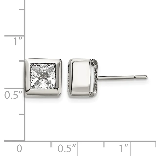 A pair of square stud earrings with princess-cut clear crystals set in polished silver-toned metal, shown against a measurement scale.