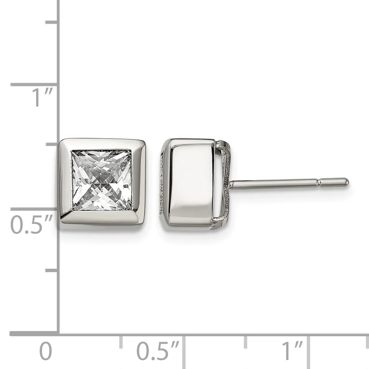 A pair of square stud earrings with princess-cut clear crystals set in polished silver-toned metal, shown against a measurement scale.