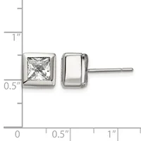 A pair of square stud earrings with princess-cut clear crystals set in polished silver-toned metal, shown against a measurement scale.