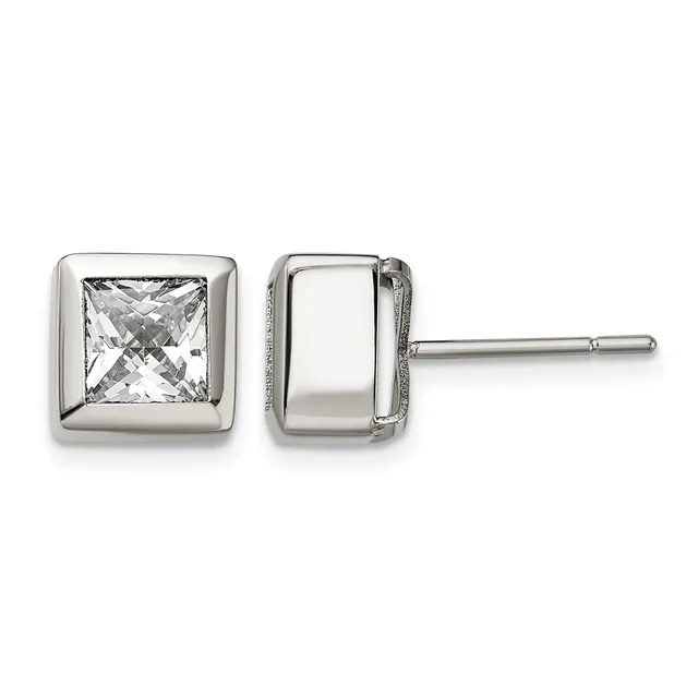 Pair of square stud earrings in polished silver with bezel-set princess-cut clear crystals, shown from front and back views.