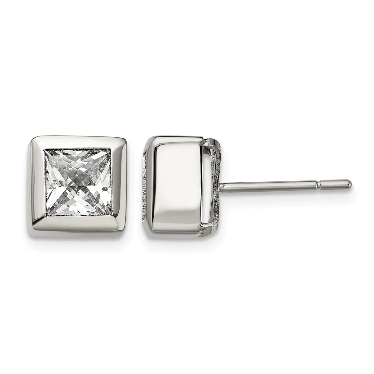 Pair of square stud earrings in polished silver with bezel-set princess-cut clear crystals, shown from front and back views.