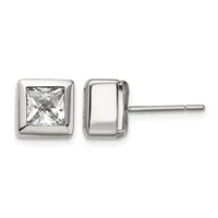 Pair of square stud earrings in polished silver with bezel-set princess-cut clear crystals, shown from front and back views.
