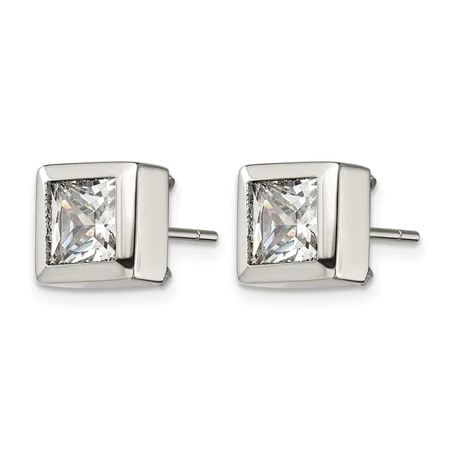 A pair of square stud earrings in polished silver metal, each featuring a princess-cut clear crystal stone set in a bezel setting with a small post and backing.