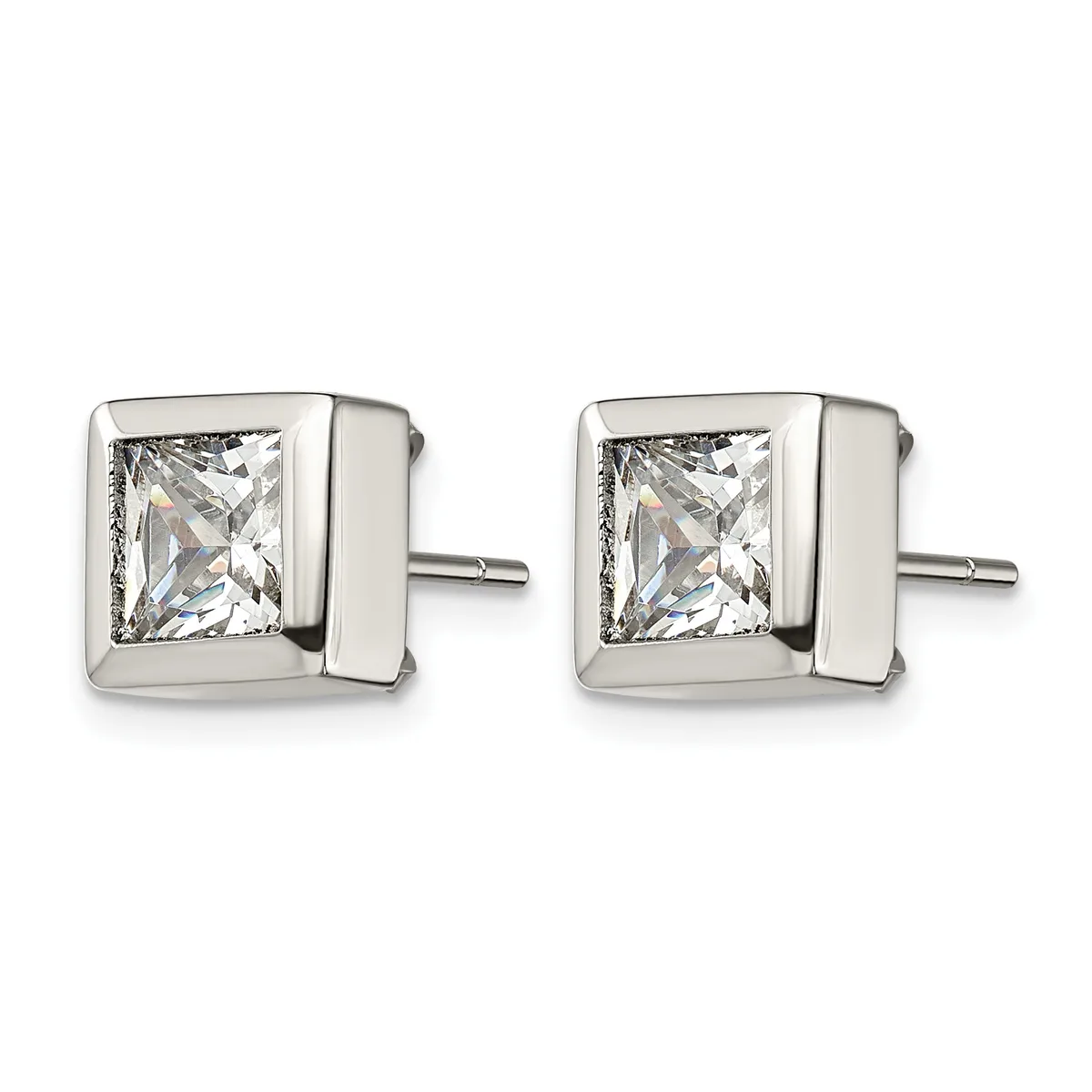 A pair of square stud earrings in polished silver metal, each featuring a princess-cut clear crystal stone set in a bezel setting with a small post and backing.