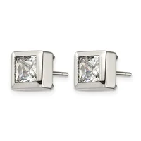 A pair of square stud earrings in polished silver metal, each featuring a princess-cut clear crystal stone set in a bezel setting with a small post and backing.
