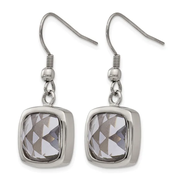Pair of silver-toned drop earrings with cushion-cut faceted gray stones in square bezels, suspended from hook wires with small beads and connector loops.