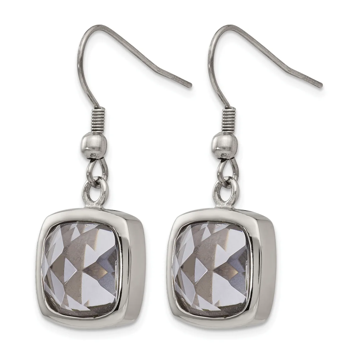Pair of silver-toned drop earrings with cushion-cut faceted gray stones in square bezels, suspended from hook wires with small beads and connector loops.