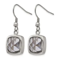 Pair of silver-toned drop earrings with cushion-cut faceted gray stones in square bezels, suspended from hook wires with small beads and connector loops.