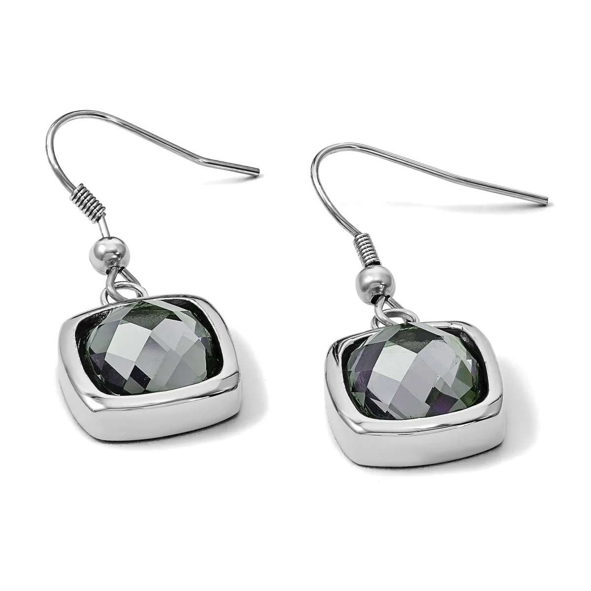 A pair of silver-toned dangle earrings with faceted dark gray square gemstones set in polished metal bezels, suspended from fish hook wires.