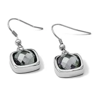 A pair of silver-toned dangle earrings with faceted dark gray square gemstones set in polished metal bezels, suspended from fish hook wires.
