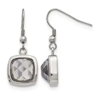 A pair of stainless steel drop earrings with cushion-cut clear faceted stones set in square bezels, shown from front and side views.