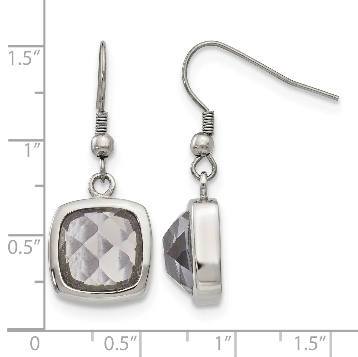 Pair of sterling silver earrings with cushion-shaped faceted clear quartz stones in bezel settings, shown front and back view with measurement scale.
