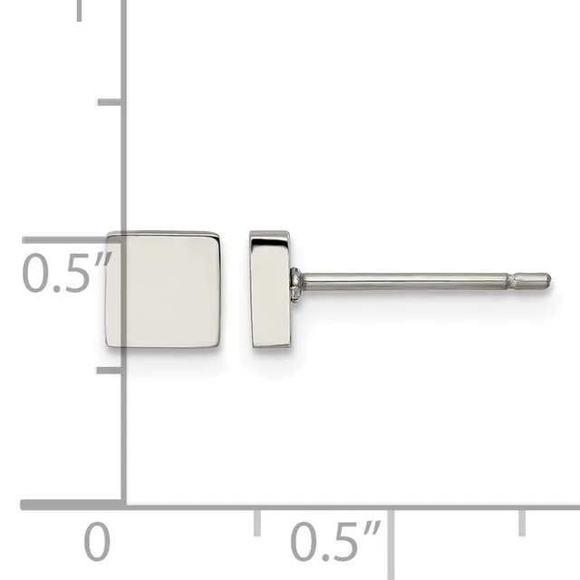 A pair of square stud earrings with a polished silver finish, shown on a measurement scale indicating approximately 0.5 inches in size.
