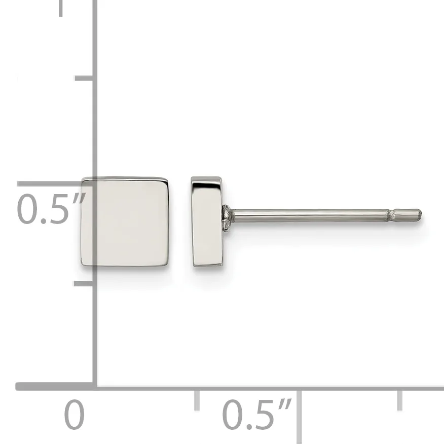A pair of square stud earrings with a polished silver finish, shown on a measurement scale indicating approximately 0.5 inches in size.