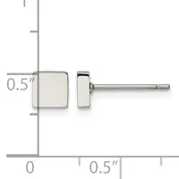 A pair of square stud earrings with a polished silver finish, shown on a measurement scale indicating approximately 0.5 inches in size.
