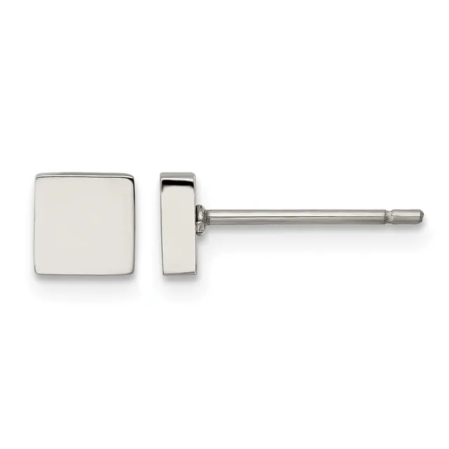 A pair of polished silver-tone square stud earrings shown from front and side views, with posts and butterfly backs.
