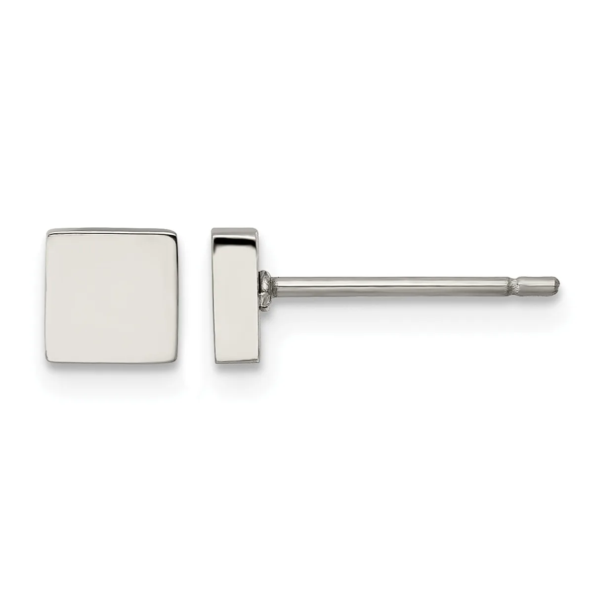 A pair of polished silver-tone square stud earrings shown from front and side views, with posts and butterfly backs.