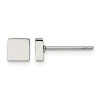 A pair of polished silver-tone square stud earrings shown from front and side views, with posts and butterfly backs.