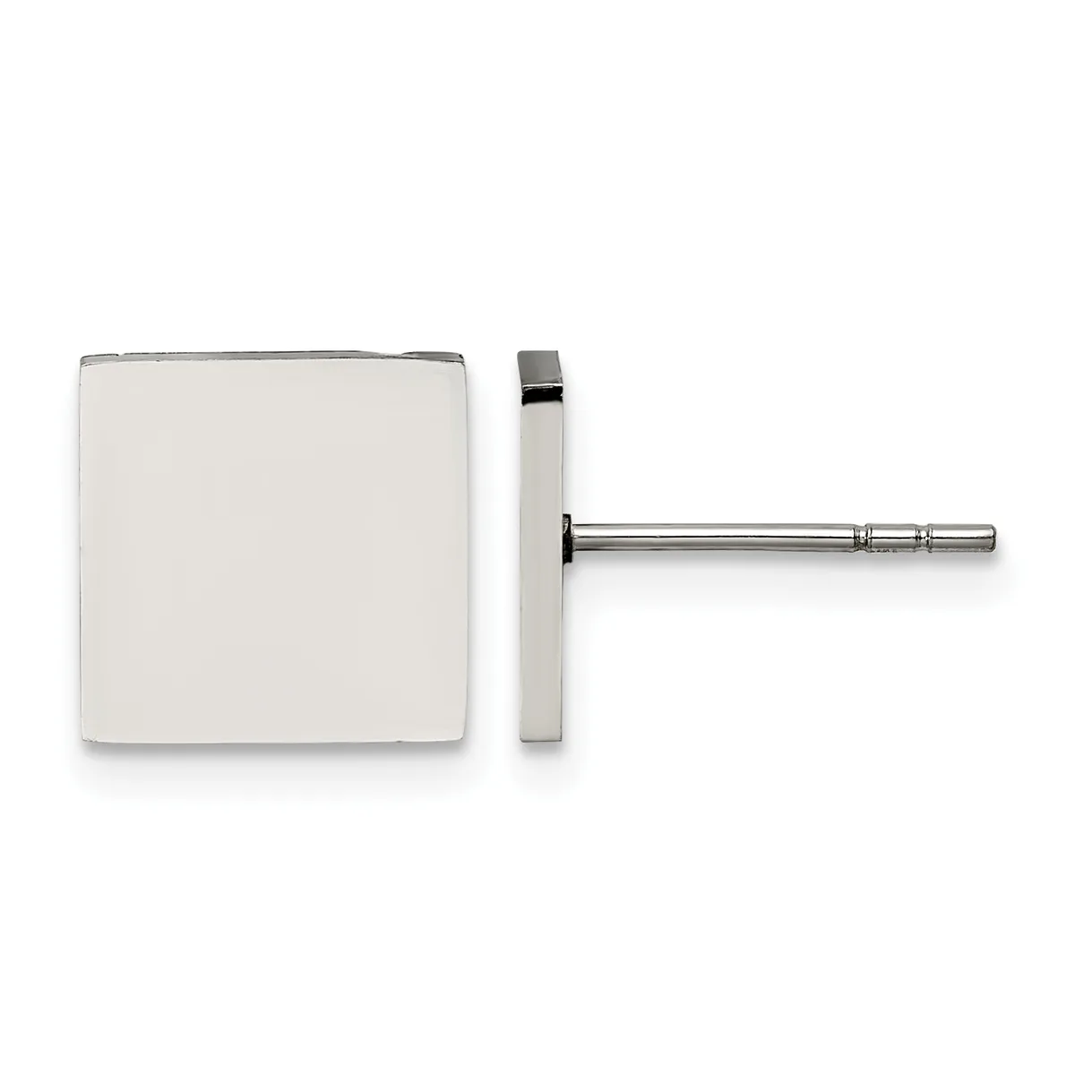 Square white stud earring with metal trim shown from front and side view, displayed next to a thin metal post and backing.