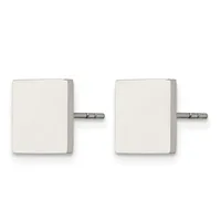 A pair of square cream-colored cufflinks with metallic cylindrical connectors shown against a white background.