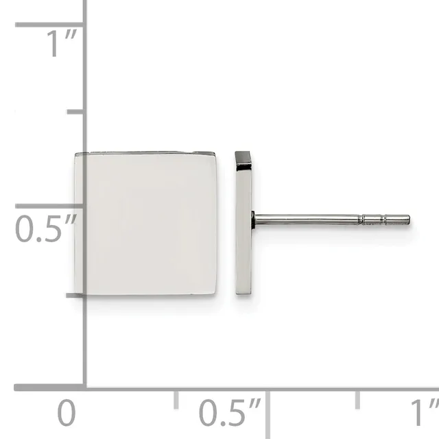 A square stud earring with a brushed metal finish shown front and side view against a ruler indicating dimensions of approximately 0.5 inches square with a post back.