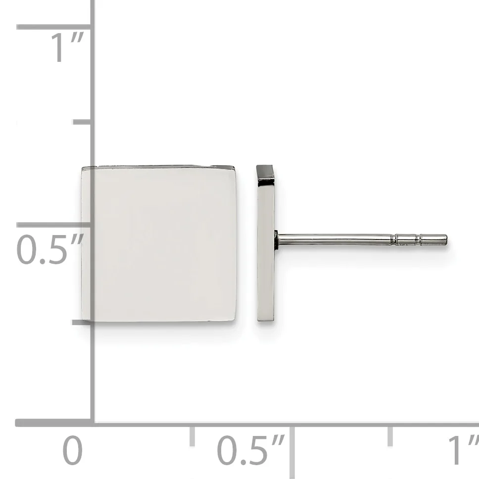 A square stud earring with a brushed metal finish shown front and side view against a ruler indicating dimensions of approximately 0.5 inches square with a post back.